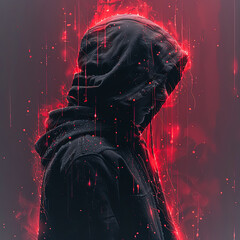 Wall Mural - A person is wearing a hoodie and standing in front of a wall. The image has a dark and mysterious mood, with the person's hoodie