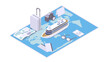 isometric background banner illustration of travel and tourism、travel around the world with cruise ship