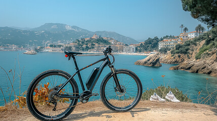 There is a bicycle on the shore by the water, summer shoes next to it, against the background of the sea with boats and boats. A moment of peace and freedom in the summer landscape