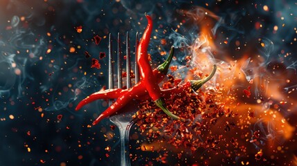 Wall Mural - Red chilli peppers with a fork on a fire element and hot background, Spicy food and burning concept. Explosion of paprika chili tasty,a still life shoot of red pepper on the fork, High cuisine
