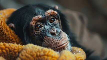 Wall Mural - A baby monkey is sitting on a yellow blanket