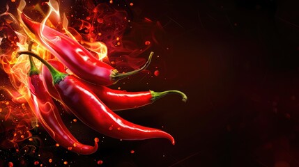 Wall Mural - Red hot chili peppers with fire on dark color background ,Hot chili peppers on wooden background with fire and smoke ,Selective focus ,Fiery Heat Hot Pepper Flaming and Burning
