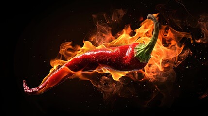 Wall Mural - Red hot chili pepper on fire isolated on a black background ,Fiery Heat Hot Pepper Flaming and Burning, Red chili pepper close-up in a burning flame on a black . high quality photo

