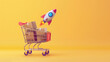 Shopping cart with parcels box, online business selling growth concept.