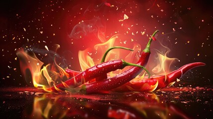 Wall Mural - Red hot long chili peppers burning on fire on a red dark background ,Red hot chili pepper on fire ,Fiery Heat Hot Pepper Flaming and Burning, Beams of red pepper on red background
