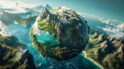 Explore the beauty of tropical landscapes from above with this stunning 3D illustration of a floating globe showcasing lush mountains and sparkling seas.