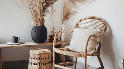 Wall Mural - Cozy living space with a rattan chair by a side table, featuring bohemian decor. A wooden armchair sits near a bench adorned with dried plants in a black vase, along with a book and a cup of coffee.