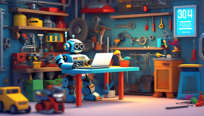  A robot repairman working on a futuristic workshop