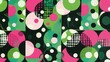 A pattern of green, pink and black circles with white dots in the center. The background is a grid made up entirely of geometric shapes in various sizes and colors. It has an abstract feel to it