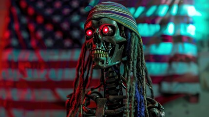 Wall Mural - A robot skeleton with long colorful dreadlocks wearing a Turkish head scarf and glowing red eyes in front of the American flag