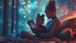 A tender moment as a mother reads to her toddler by the soft glow of fairy lights, creating a dreamy nighttime atmosphere.