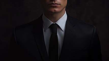 Close-up a businessman in a black suits and black necktie. Elegant handsome against a black background.