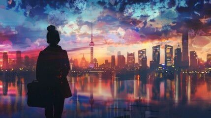 A traveler admiring the skyline of a vibrant city at dusk, with iconic landmarks silhouetted against the colorful sky.