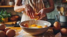 A Woman Cracking Eggs Into A Mixing Bowl, Preparing To Bake A Decadent Cake Or Whip Up A Batch Of Fluffy Scrambled Eggs.