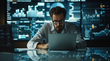 Sticker - A photo of a data analyst working on a laptop, with a large data grid displayed on the screen