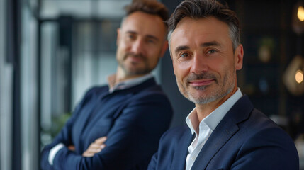 Two elegant happy confident business men professional executive people partners work team, male company managers looking at camera standing together in corporate office. Headshot portrait