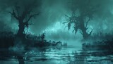 Fototapeta  - Gloomy foggy swamp with dead trees