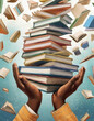 child's hands holding up  a stack of books with a background of cascading books