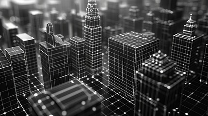 Wall Mural - Grid Structure: A 3D vector illustration of a cityscape with a grid pattern