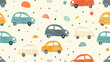 Colorful pattern of whimsical cars and abstract shapes.