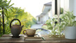 Tea cup and earthenware teapot at the balcony and Laptop side view