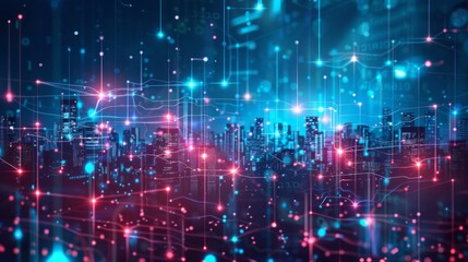 Leinwandbilder - Big data connection technology. Cityscape telecommunication and communication network concept.