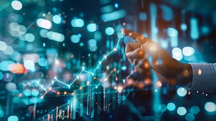 Poster - Business development to success and growth of banking and financial on global network. Businessman hold pointing arrow up and graph corporate future growth plan on network structure of business.
