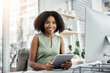 © peopleimages.com - Happy, portrait and black woman with tablet for business, research or data at office desk. Young African, female person or employee with smile on technology for browsing, communication or finance