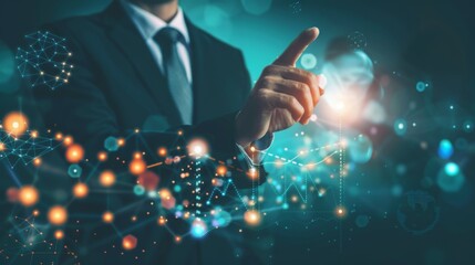 Poster - Business development to success and growth of banking and financial on global network. Businessman hold pointing arrow up and graph corporate future growth plan on network structure of business.