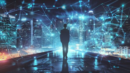 Poster - Business technology concept, Professional business man walking on future network city background at night with futuristic game online interface graphic