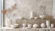 A variety of handmade ceramic bowls, vases, and other vessels are displayed on a shelf against a neutral background.
