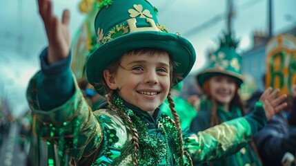 A young girl dressed in a green top hat and green jacket smiles and waves during a St. Patrick's Day parade.