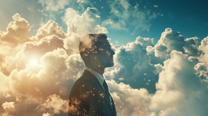 Fototapete - Businessman in cloud computing concept