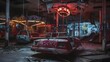 Eerie Glow of Flickering Neon Illuminates Abandoned Amusement Park Rides in the Dead of Night