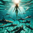 Woman swimming with sharks