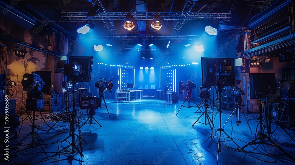 Studio Backstage View Behind-the-scenes studio snapshot with modern equipment for editorial ...