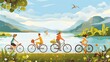 A family of three is riding bicycles on a rural road. There are trees and mountains in the background.
