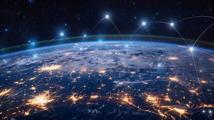 Aufkleber - Communication technology for internet business. Global world network and telecommunication on earth cryptocurrency and blockchain and IoT