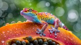 Fototapeta Kwiaty - A colorful gecko with its eyes open, sitting on the edge of an exotic fruit in a tropical rain forest in a closeup shot.