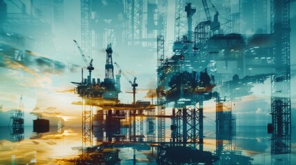 Aufkleber - Double exposure Engineering Industry concept in office with Offshore oil and gas rig platform with beautiful sky in the gulf of Thailand.