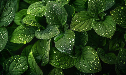 Wall Mural - Dew on Lush Green Leaves - A Top View