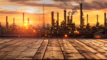 Poster - Engineering Industry concept on the wood table in office with Power plant industry - refinery at sunset - factory - petrochemical plant background