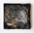 A square canvas, black and gray, textured with watercolor paint, dark, thick texture, slightly worn edges, hanging on the wall, minimalistic, evoking mystery and calmness.