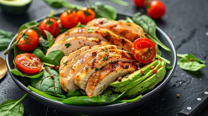 Wall Mural - Grilled chicken breast and avocado salad with cherry tomatoes, spinach, in a black plate on a stone background with copy space for your text