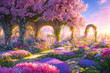 Paradise garden full of flowers, beautiful idyllic background with many flowers in Eden.