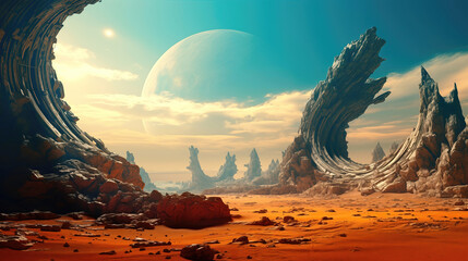 Wall Mural - landscape of an alien planet, beautiful view of red desert on another planet, fictional sci-fi backg