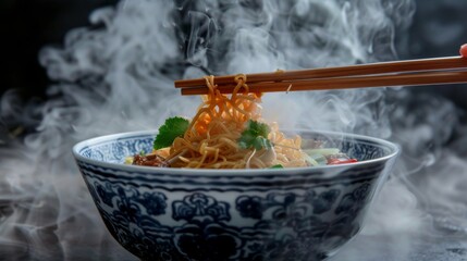 Wall Mural - Hot soup noodles with smoke on the table in a bowl and hand chopsticks with mama-concept Asian dishes