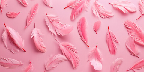 Pink feathers on a pink background, top view, flat lay composition with soft delicate feathers in pastel pink hues