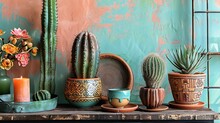 A Beautiful Still Life Image Of A Variety Of Cacti And Succulents In Pots On A Wooden Shelf Against A Colorful Background.