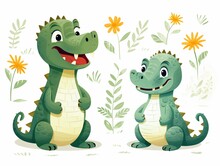 Childlike Two Crocodiles , Simple Line Art, Green Tones, Repeating White Background, Flat Graphic ,  Repeating Pattern Drawing